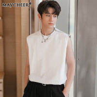 MAYCHEER   เสื้อกั๊กทรงหลวมเสื้อกล้ามกีฬาแขนกุดมีซิปสำหรับผู้ชายสีทึบฤดูร้อน