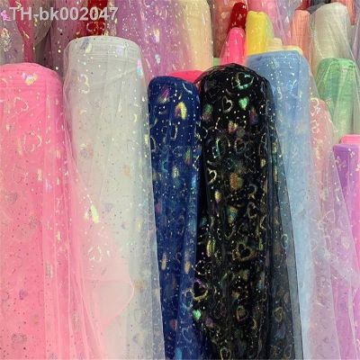 ◊๑✹ 150x100cm Glitter Heart Printed Tulle Dress Fabric Diy Craft Soft Mesh Girls Summer Dress Wedding Party Decoration Sewing Fabric