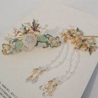 【CW】 Green Flowers White Beads Long Tassel Hair Crown Antique Hanfu Headdress