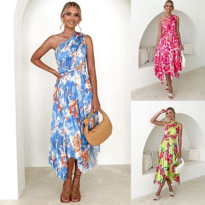 Summer sexy printed pleated skirt inclined shoulder full-skirted dress night dress dress
