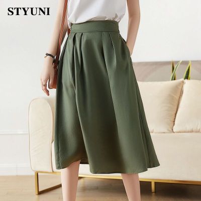 Tencel Comfortable A-Line High-waisted Womens Skirt  Spring Elastic Waist Solid Color Casual Elegant Mid-Calf Skirts