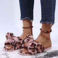 COOILI Women Slippers Winter Shoes For Woman Home Slippers Faux Fur Slippers Leopard Print Bow Decoration Shoes Size 36-41