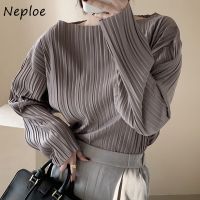 卐♞ Neploe Korean Autumn Simple O-neck Pullover Shirts Solid Color Chic Pleated Women Blouse All-match Long Sleeve Femme Blusas