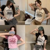 crop topเสื้อครอปแขนสั้น คอกลม แต่งหน้าเล็กๆ เสื้อสีครีมน่ารัก TRA128