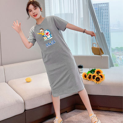 Q58(จัดส่งโดยKerry)เดรสยาวเสื้อยืดแฟชั่นผู้หญิงสไตล์เกาหลี คอกลมแขนสั้น เนื้อผ้ายืดหยุ่นดี กระโปรงเสื้อยืดทรงสวย แนวหวานสดวัยรุ่นน่ารั