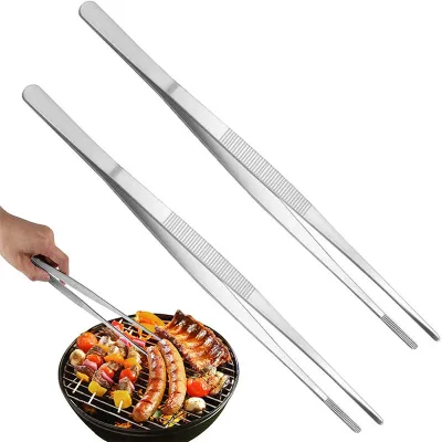 20cm 30cm BBQ Tweezers Home Chef Barbecue Tool Straight Kitchen Silver Tweezer Long Toothed