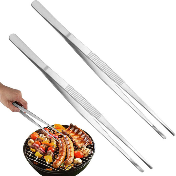20cm-30cm-bbq-tweezers-kitchen-straight-chef-barbecue-tool-food-tongs-silver-long-toothed-stainless-steel