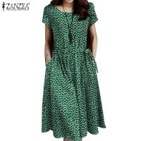 ℗♚ ZANZEA Women Korean Short Sleeve Floral Printed Tie Waist Cocktail Party Long Dress