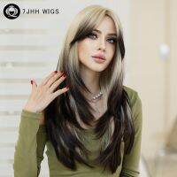 7JHH WIGS Ombre Blond Wigs สำหรับผู้หญิงทุกวันคอสเพลย์ปาร์ตี้เทรนด์ใหม่ตรงกลางวิกผมสังเคราะห์สีดำไฟเบอร์ทนความร้อน