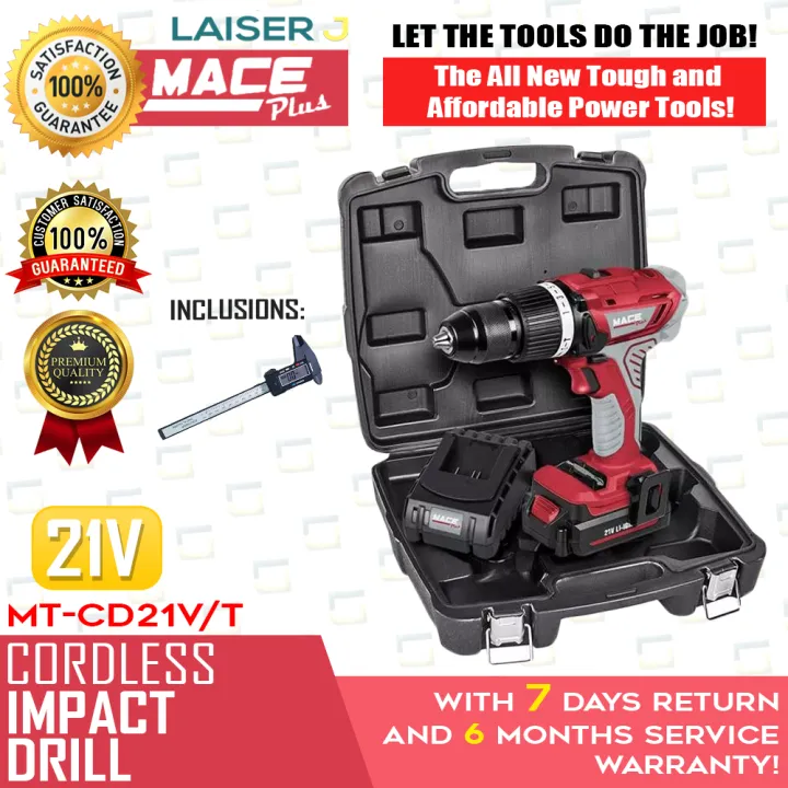 Mace Plus Cordless Drill MTCD21V/T with LED light Case Included