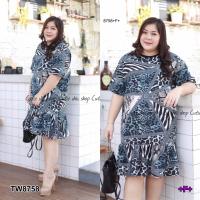 TW8758  Dress #Bigsize เดรสแขนสั้นแต่งระบาย