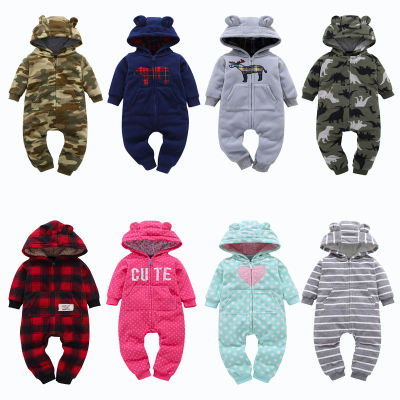 Kid Boy Girl Long Sleeve Hooded Fleece Jumpsuit Overalls Red Plaid Newborn Baby Winter Clothes Uni New Born Costume 2019