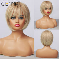 GEMMA Short Straight Mixed Brown Blonde Synthetic Wigs with Side Bangs for Women Daily Party Bob Hair High Tempearture Fiber