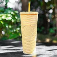 Starbuck ถ้วยน้ำความจุมากแฟชั่น710มล. ตัดหมอกสีเหลือง Durian ตัดเพชรแก้วหลอดพลาสติก