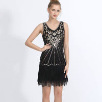 KKWomen Flapper ชุด1920S V คอลูกปัดสีสัน Fringe ชุด Great Gatsby ชุด Roaring 20S Speakeasy Party Costumeq11