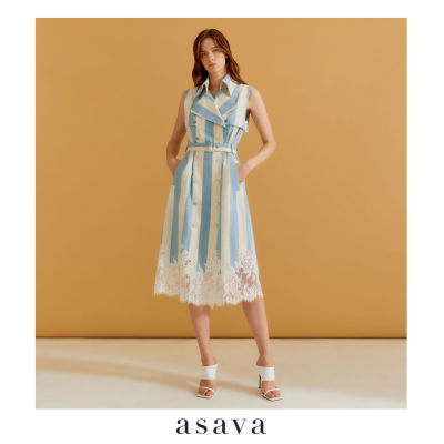 [asava ss23] Addyson Lace-appliquéd Shirtdress เดรสเชิ้ตผู้หญิง ผ้าลายทาง แขนกุด แต่งคาดเข็มขัด แต่งกระดุมหน้า