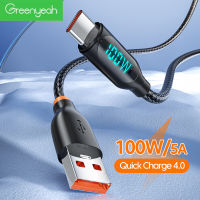 Greenyeah 100W 5A Type C ยูเอสบีชาร์จไวสายข้อมูลจอแสดงผลดิจิตอลเหมาะสำหรับ Huawei Xiaomi สายชาร์จ USB C