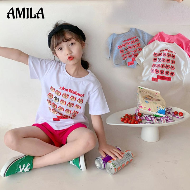 amila-เสื้อยืดแขนสั้นสำหรับเด็กชายและเด็กหญิง-เสื้อผ้าเด็กลายหมูน่ารักสไตล์เกาหลีเสื้อผ้าผ้าฝ้ายทรงหลวมเสื้อสำหรับเด็ก