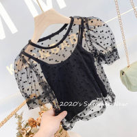 Summer Baby Girl Lace T-Shirt Suit Vest+Mesh Top 2PCS Toddler Teen Child Tank+Dot Shirt Tee Puff Sleeve Baby Clothes 1-12Y