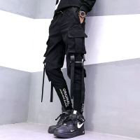 Hip Hop Men Ribbons Cargo Pants Fashion Harajuku 2023 New Elastic Waist Casual Streetwear Mens Joggers Trousers Black MMTC010