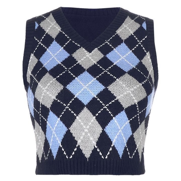 hot-sale-womens-casual-plaid-knitted-tank-top-knitwear-preppy-style-v-neck-vest-sweater