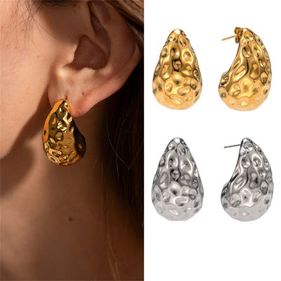Hammered Thick Gold Plated Lightweight Chunky Dome Women Vintage Drop Earrings Hoops Ear Studs