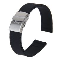 Watch Bands Sport Black Silicone Rubber Watch Strap Deployment Buckle Waterproof 20 mm