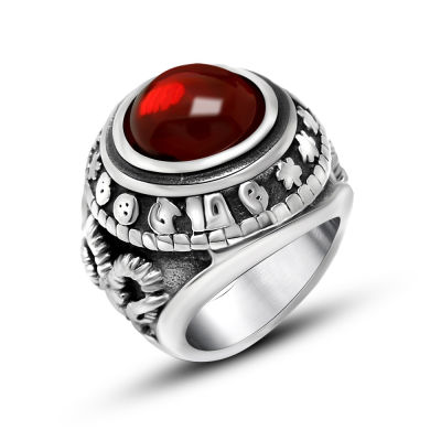 แหวนอัญมณีสีดำสีแดงประดับเพชรแนวย้อนยุคแนวแฟชั่นไทเทเนียมเหล็ก Cincin Single สำหรับผู้ชาย