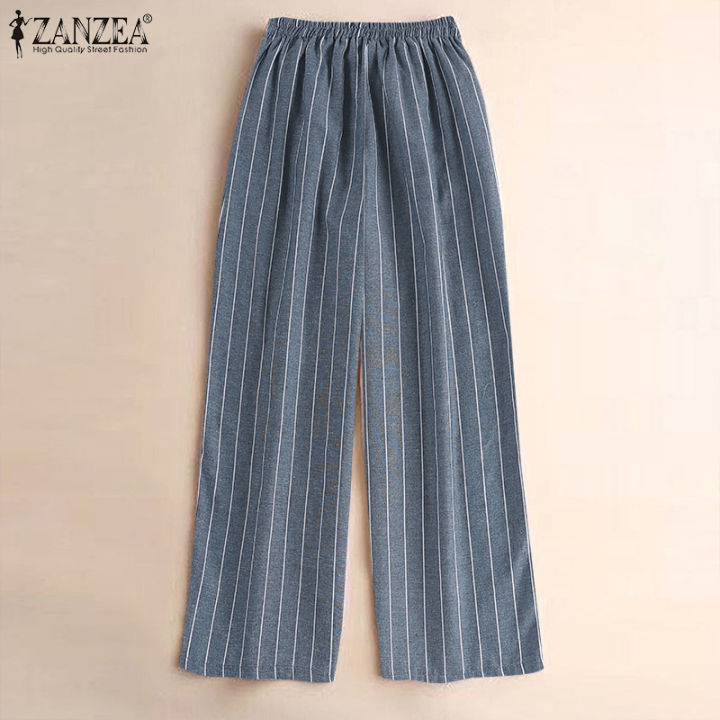 จัดส่งฟรี-fancystyle-zanzea-กางเกงขาบานพิมพ์ลายทางสำหรับผู้หญิงกางเกงเอวยางยืดโอแอลที่ทำงาน-2