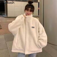 No Hat Lambswool Hoodies Women White Oversize Lovely Slouchy Letter Stand Collar Gentle Teenagers Zip-up Soft Large Size S-3XL