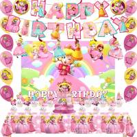 YF Mario Princess Peach Theme kids birthday party decorations banner cake topper balloon backdrop banner tablecloth FY