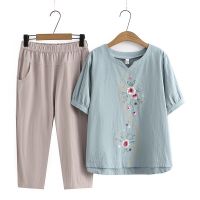 【มีไซส์ใหญ่】Plus Size Womens Short Sleeve Top + 8/10 Pants Summer 2 Pieces Summer Sets Casual Vintage Female Suits