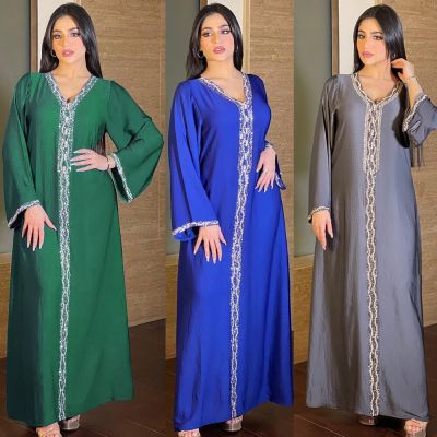 Abaya Dubai Turkey Dress for Women Muslim Grey Moroccan Kaftan Diamond Ribbon V Neck Jalabiya Eid Mubarak Djellaba Femme