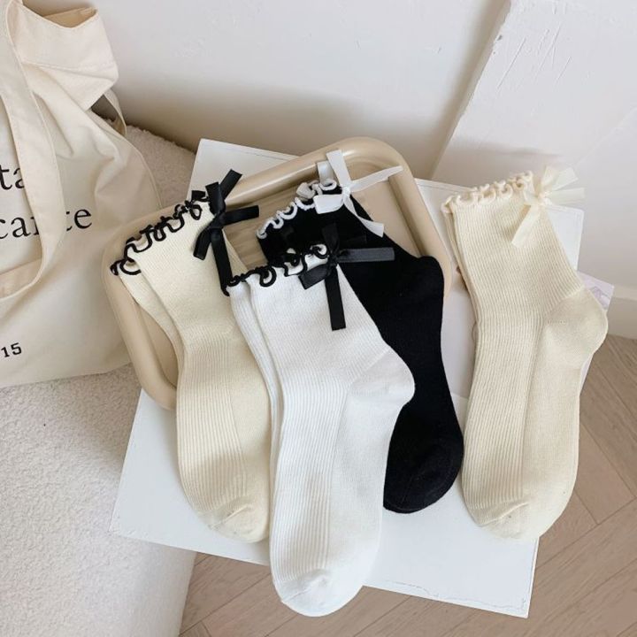 ololdan-วินเทจน่ารักสำหรับเด็กผู้หญิง-jk-โบว์สีทึบถุงเท้าทรงท่อถุงเท้าคอตตอนญี่ปุ่นโลลิต้ามีระบายถุงเท้าลูกไม้