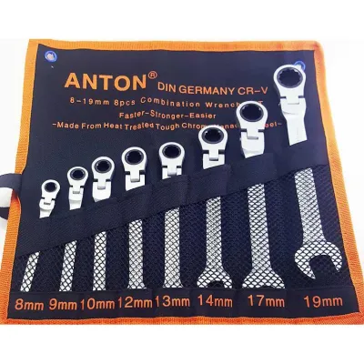 ANTON ชุดประแจแหวนข้างแบบขันฟรีคอพับได้เหล็กCR-V (เยอรมัน) 8ชิ้น/ชุด (เบอร์ 8,9,10,12,13,14,17,19)