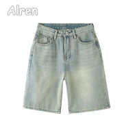 Alren Celana Pendek Denim ย้อนยุคเกาหลีกับไตรมาสหลวมเอวสูงกางเกงขาสั้นขาตรงสำหรับผู้หญิง