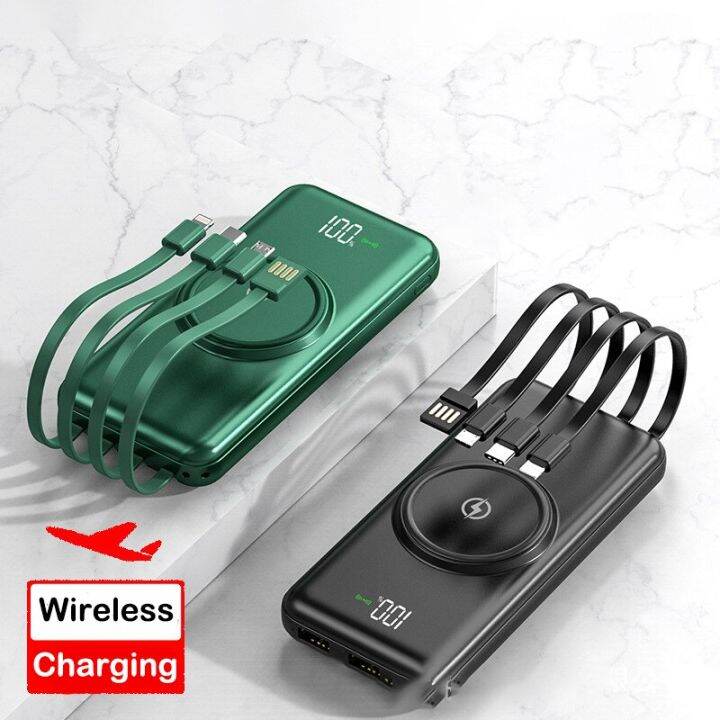 Power Bank 20000mAh Qi Wireless Charger Powerbank Built in Cable
