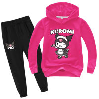 Kuromi แฟชั่นการ์ตูนผ้าฝ้าย + โพลีเอสเตอร์ฤดูใบไม้ร่วงเด็กเสื้อผ้าเสื้อแขนยาว + กางเกงสาวเสื้อกันหนาวหมวกและกางเกงชุดสำหรับสาวๆหนุ่มๆ