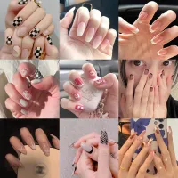 【With glue】24Pcs Fashion Fake Nails Finished Nail Patch Wearable Nails Spot goods