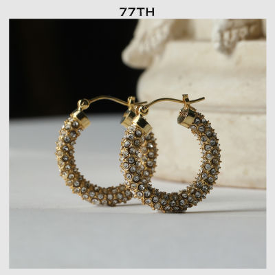 77TH-Clear Crystals Hoop Gold Earrings ต่างหูห่วงประดับคริสตัลสีทอง