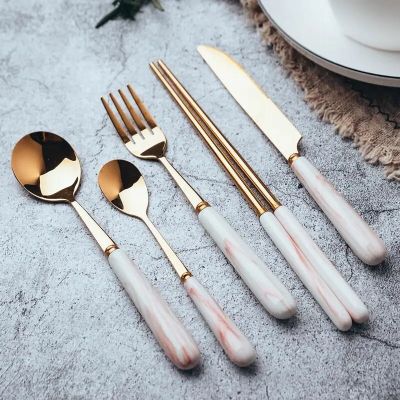 5pcs/set Kitchen tool Fashion Stainless Steel fork Knife Spoon Marble stripe fruit fork/cake dessert fork tableware Ceramics Serving Utensils