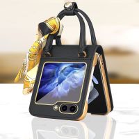 Luxury Silk Scarf Case for Samsung Galaxy Z Flip 5 5G Flip5 Hand Strap Fashion Leather Portable MINI Bag Protection Cover