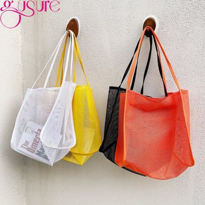 Gusure Large Capacity Mesh Hollow Shopping Bag For Women Reusable Transparent Fashion Shoulder Beach Bag Casual Travel Organizer