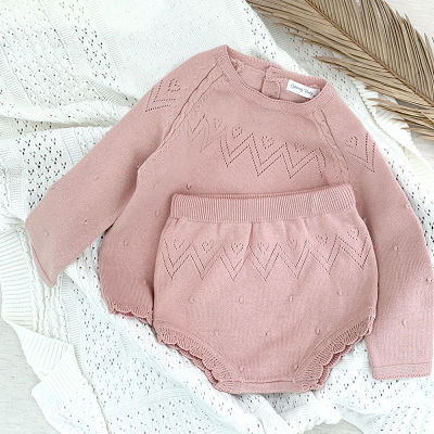 Cute Baby Girl Long Sleeve Hollow Out Knit Sweater + Shorts Suit Spring Autumn Infant Kids Baby Girl Children Clothes Suit