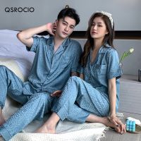 【JH】QSROCIO Womens Pajamas Set Fashion Leopard Lovers Sleepwear Couple Nightwear Silk Like Female Male Home Clothes Suit for Men