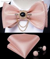 ❦ Dibangu Mens Pink Solid Self Tie Bow Tie Pocket Square Cufflinks Brooch Set for Wedding Groom Marriage Business Party Bowties