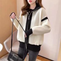 利2023 Korean Style Vertical Collar Zipper Knitted Cardigan Womens Loose Outer Wear Contrast Laps Collar Sweater Coat for Women