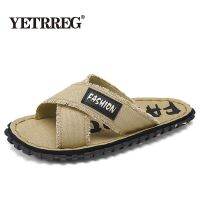 hot【DT】✇✙○  Men Canvas Slippers Fashion Fabric Mens Outdoor Rubber Flat Sandals Slides Floor