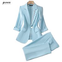 Céu Azul Ternos Feminino Moda Fina Temperborados Meia Manga Negócios Magro Blazer E Calças Escritósenhoras Trabalho