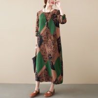 2021 New Spring Autumn Cotton Linen Vintage Floral Green Dresses Women Office Fashion Dress Elegant Vestidos Robe Longue Femme